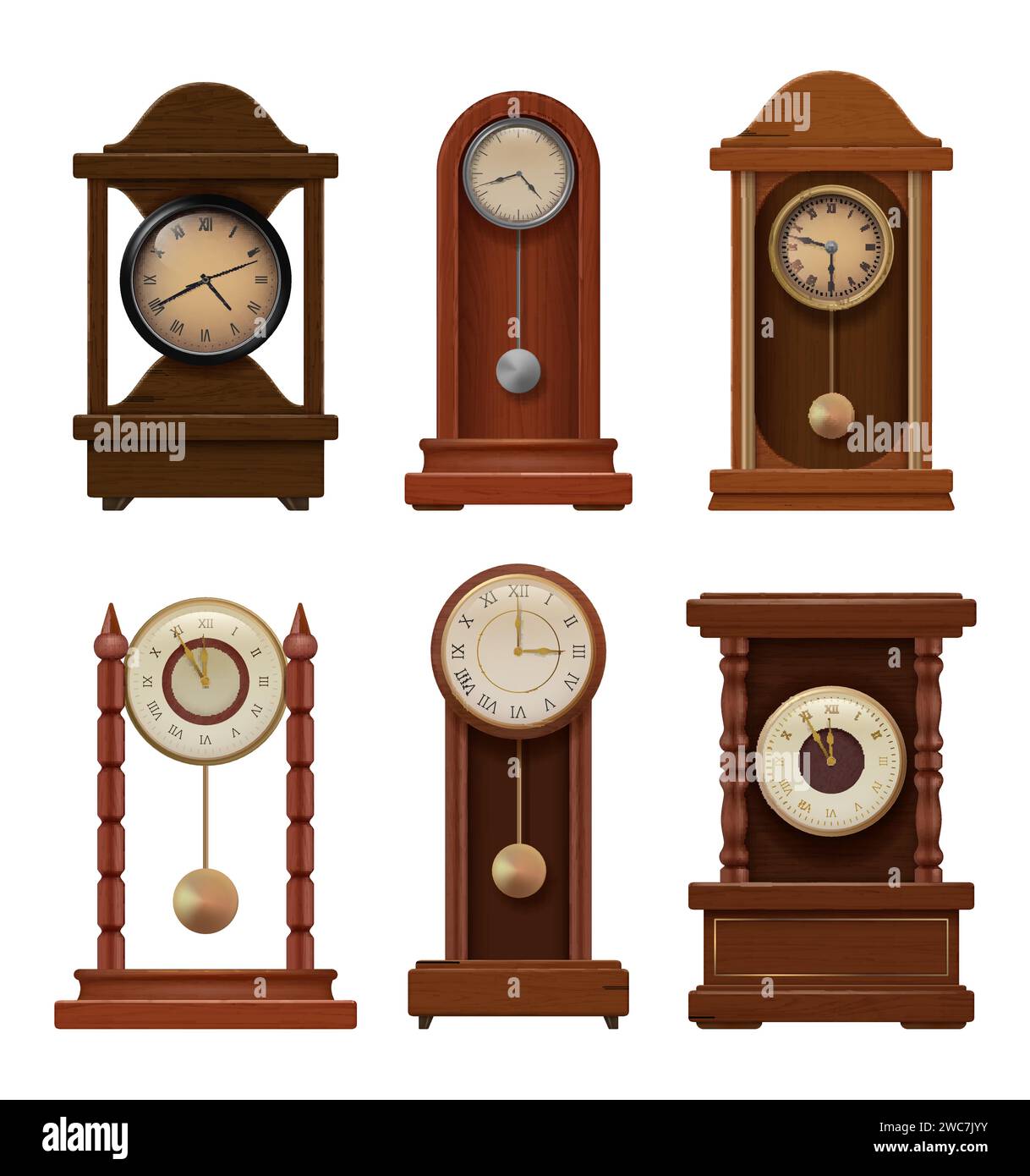 Antike Uhren. Zeitsymbole Premium Vintage Old Style Uhr anständige Vektorbilder Sammlung im realistischen Stil Stock Vektor