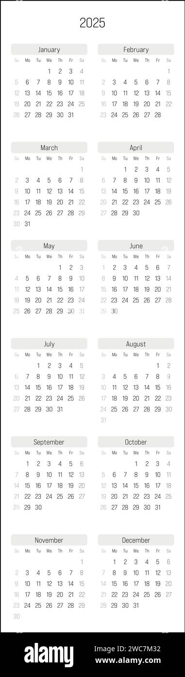 Monatskalender des Jahres 2025. Die Woche beginnt am Sonntag. Monatsblock in vertikaler Anordnung in zwei Spalten. Schlichtes, dünnes, minimalistisches Design. Vektorabbildung. Stock Vektor