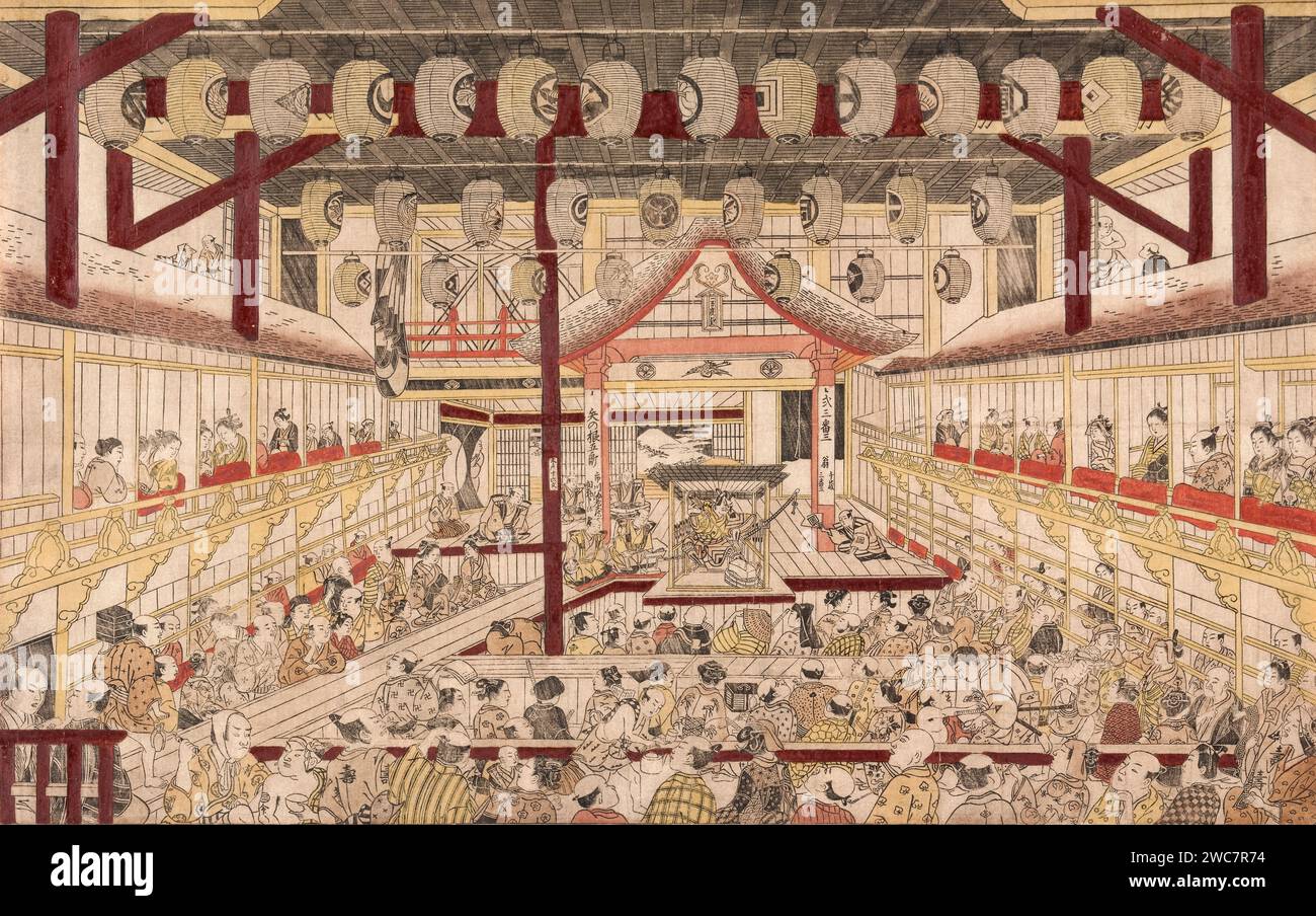 Perspektivische Ansicht des Innenraums des Nakamura Theaters mit Ichikawa Ebizo II als Yanone Goro, 1740 japanischer handkolorierter Holzschnitt von Okumura Masanobu 奥村 政信 (1686–1764). Stockfoto