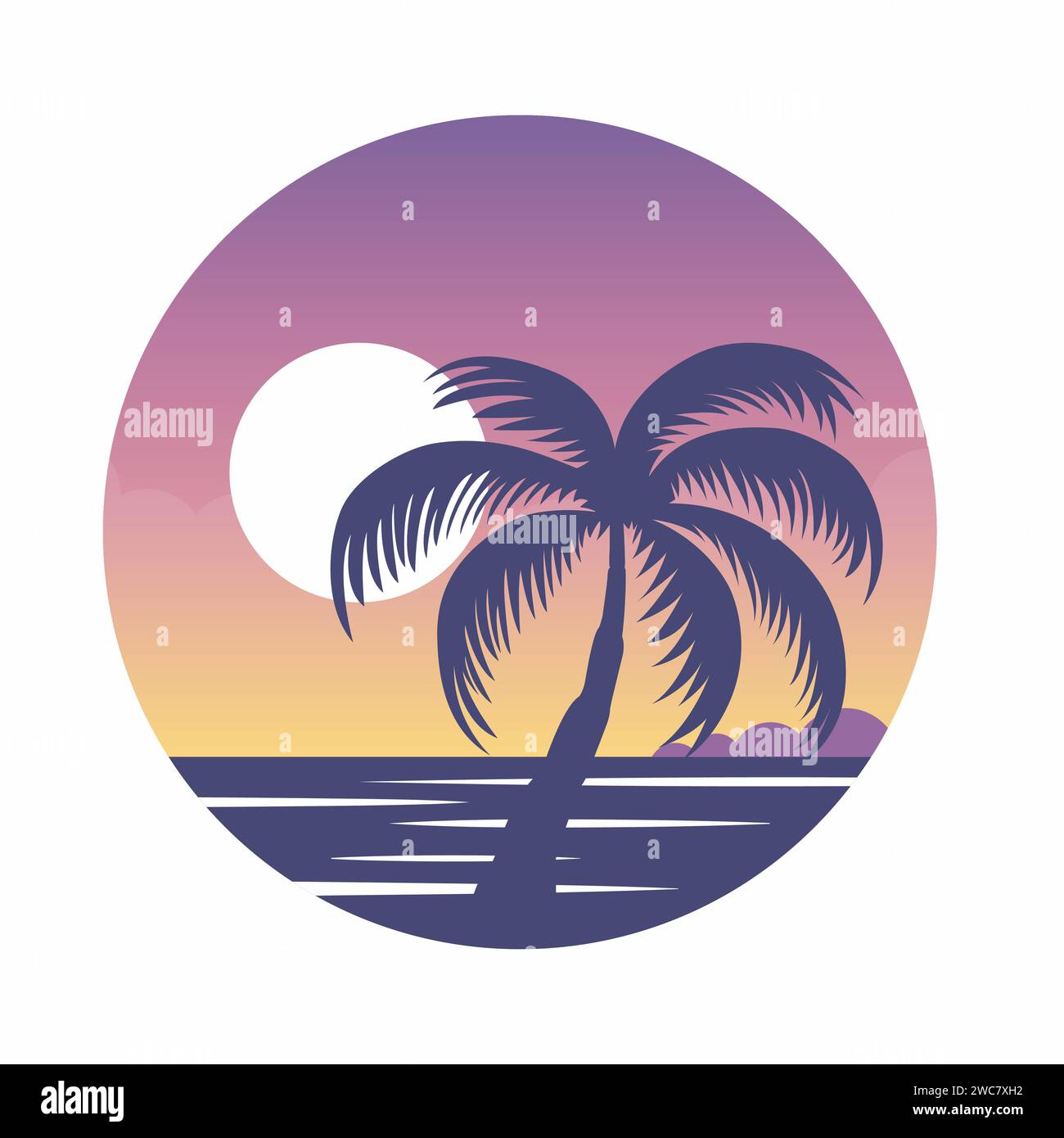 Retro-Illustration bei Sonnenuntergang mit abstraktem Hintergrund und Palmensilhouette in einem Kreis. Sonniges Gefälle. Designvorlage für Logo, Abzeichen und T-Shirt Stock Vektor