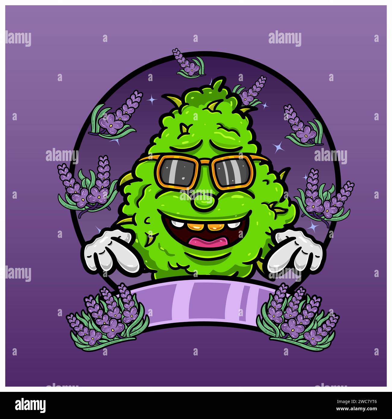 Lavendelgeschmack mit Weed Mascot Cartoon. Unkrautdesign für Logo, Etikett und Verpackungsprodukte. Vektor und Illustration. Stock Vektor