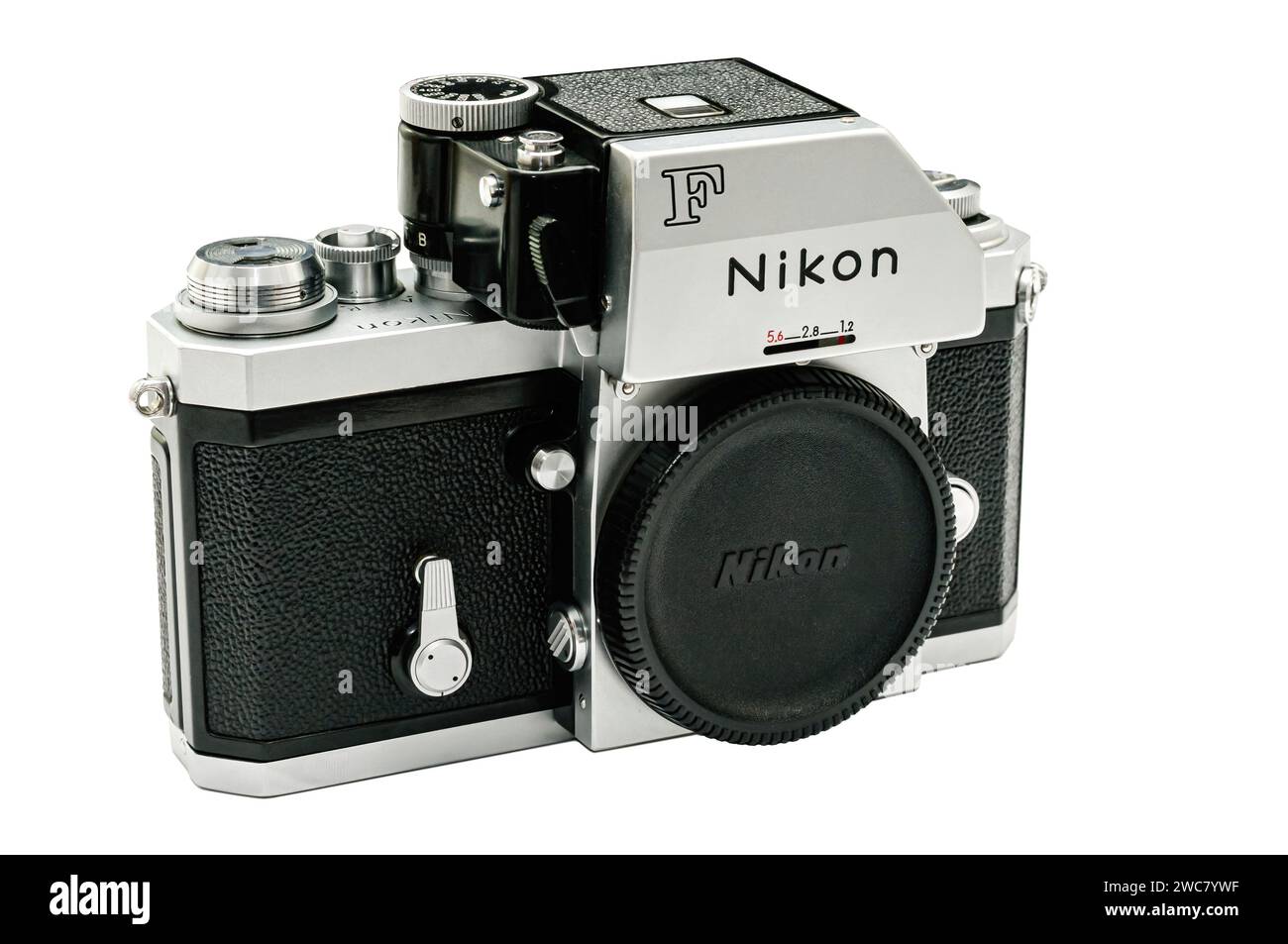 Das ikonische Nikon F Kameragehäuse ist ein Meisterwerk aus dem goldenen Zeitalter der analogen Fotografie. Stockfoto