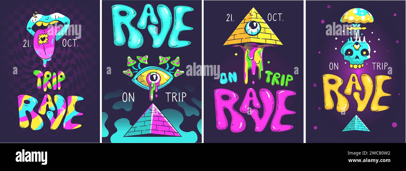 Psychedelische Rave-Party. Trip Musik Free Flyer, trendige Crazy Acid Farben Aufkleber mit Lächeln Kopf, trippige Techno Hippie Banner kreative Vorlage 80er Stil klassische Vektor Illustration Stock Vektor