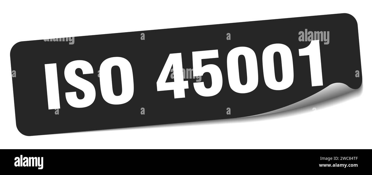 Aufkleber nach iso 45001. Rechteckiges iso 45001-Etikett isoliert auf weißem Hintergrund Stock Vektor