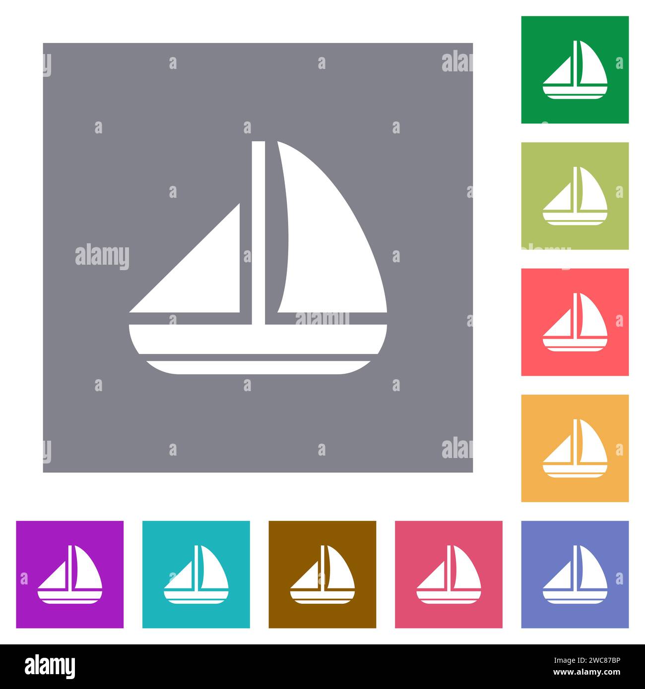 Segelboot mit flachen Symbolen auf einfachen quadratischen Hintergründen Stock Vektor