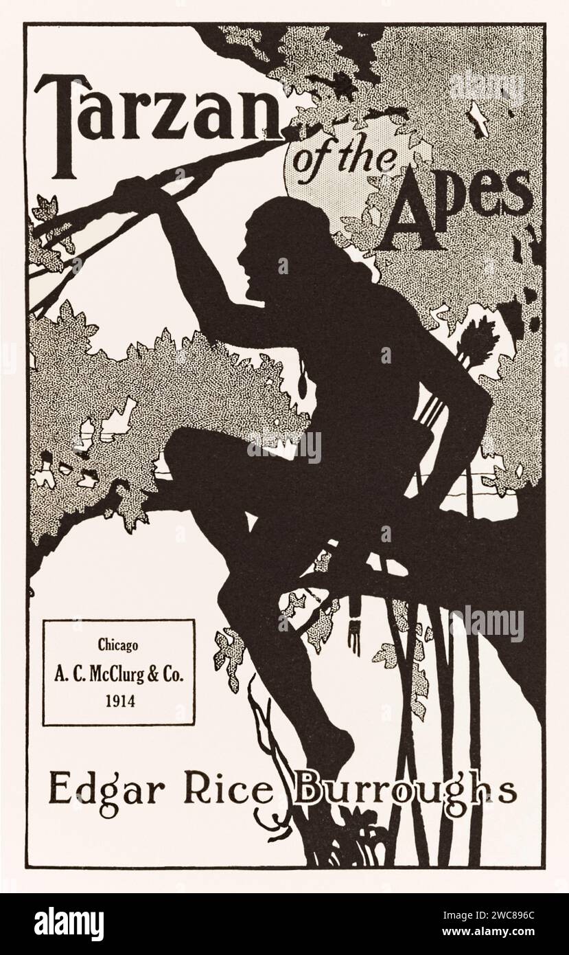 „Tarzan of the Apes“ von Edgar Rice Burroughs (1875-1950) Titelseite der ersten Ausgabe 1914, herausgegeben von A. C. McClurg & Co., Chicago mit Kunstwerken von J. Allen St. John (1872-1957). Kredit: Privatsammlung / AF Fotografie Stockfoto „Tarzan of the Apes“ von Edgar Rice Burroughs (1875-1950) Titelseite der ersten Ausgabe 1914, herausgegeben von A. C. McClurg & Co., Chicago mit Kunstwerken von J. Allen St. John (1872-1957). Kredit: Privatsammlung / AF Fotografie Stockfoto