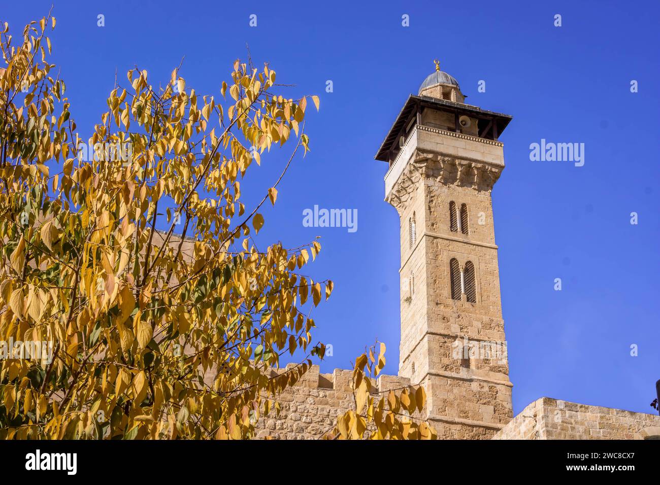 Der Turm des Grabes der Patriarchen, ein religiöser Schrein in der palästinensischen Stadt Hebron, Westjordanland, Palästina. Stockfoto