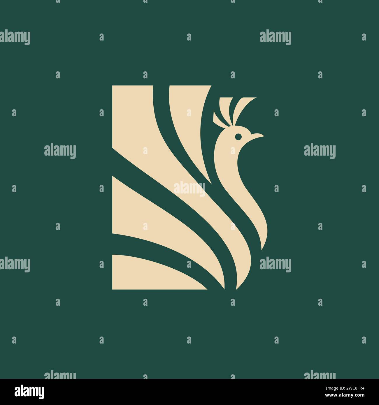 Ein Logo mit einem eleganten Pfauenvogel mit kunstvollen Federn, die eine rechteckige Form bilden. Stock Vektor