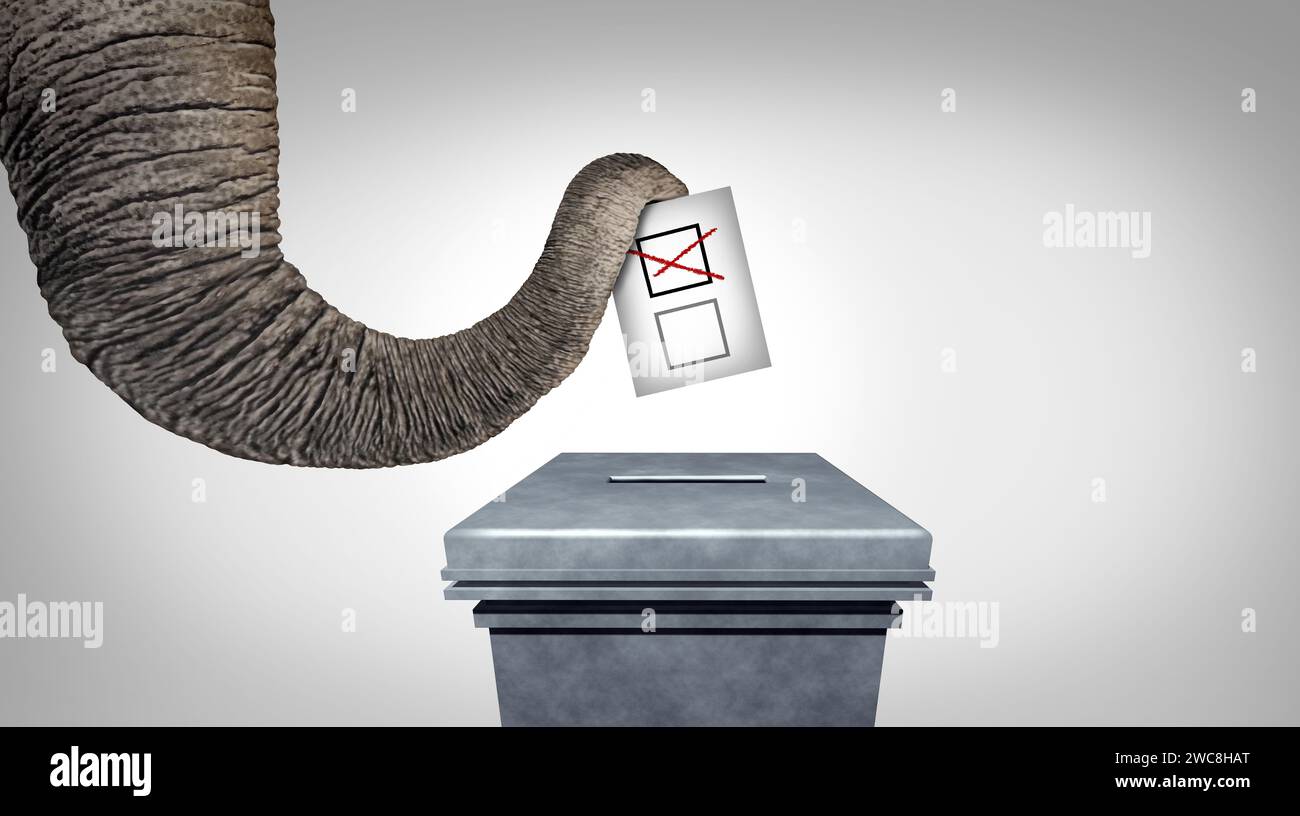 Rechtskonservative Stimmen als Elefant, die eine Stimme an einer Wahlurne abgeben, die US-Konservative oder traditionelle amerikanische rechte Werte repräsentiert Stockfoto
