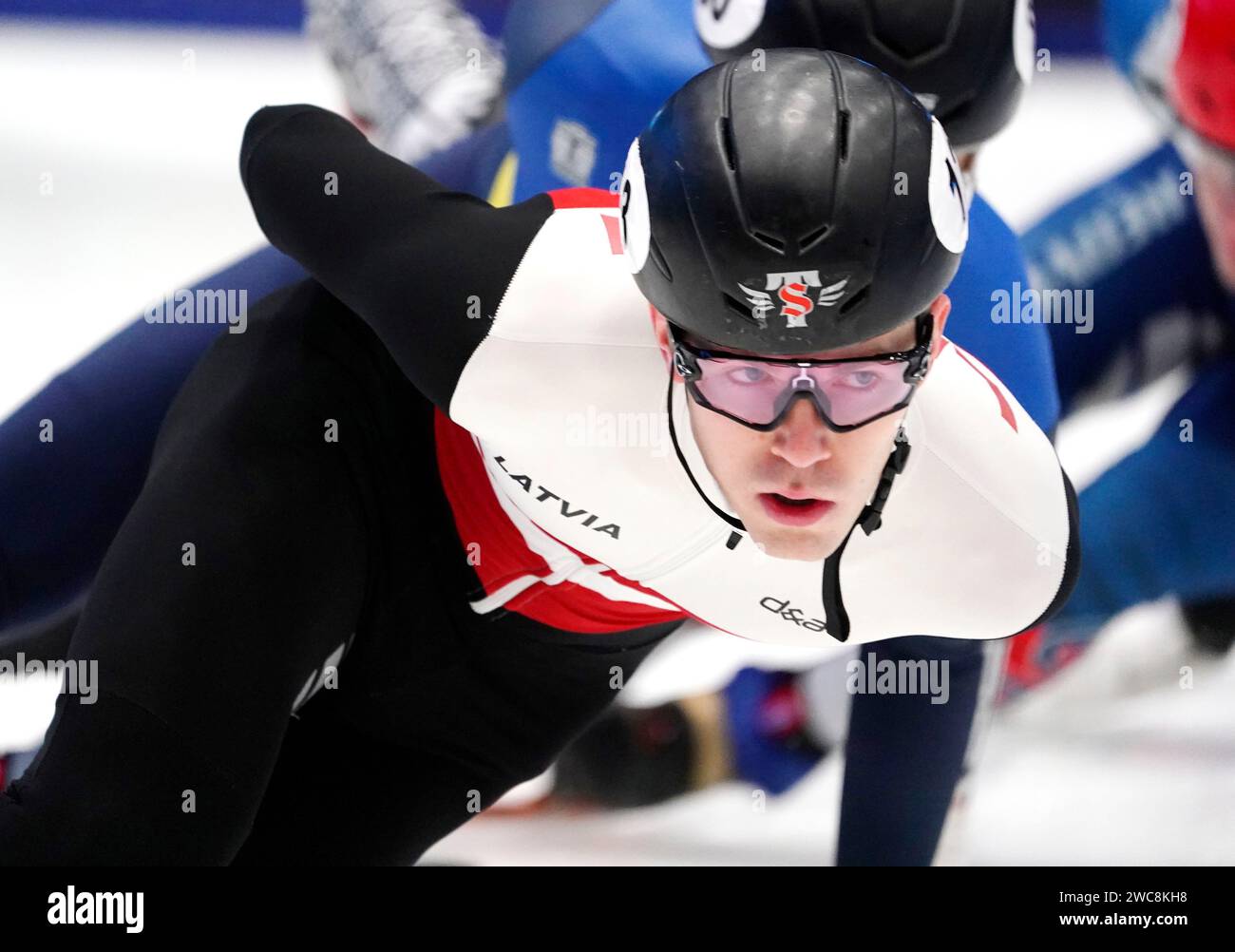 Reinis BERZINS (LAT)n Action im 1500-m-Viertelfinale während der ISU Kurzstrecken-Europameisterschaft 2024 am 12. Januar 2024 in Hala Olivia in Danzig, Polen Credit: SCS/Soenar/AFLO/Alamy Live News Stockfoto