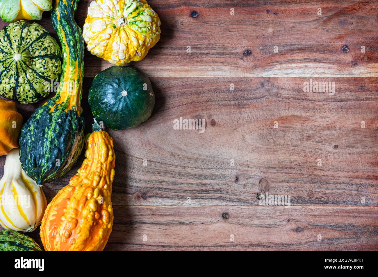 Verschiedene Kürbisse auf der linken Seite des Holzschneidebretts Stockfoto