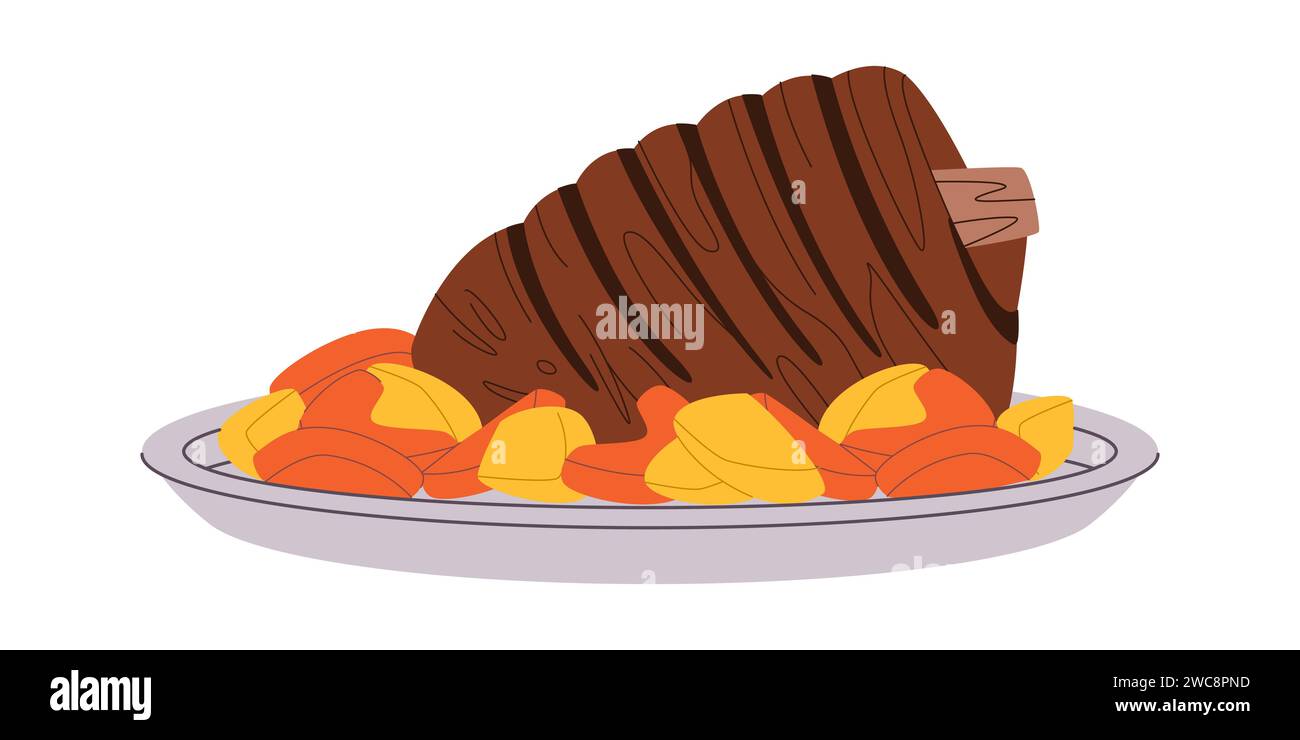 Lammbraten gegrilltes Fleisch köstliches Essen mit Kartoffelgemüse zum Mittag- oder Abendessen Stock Vektor