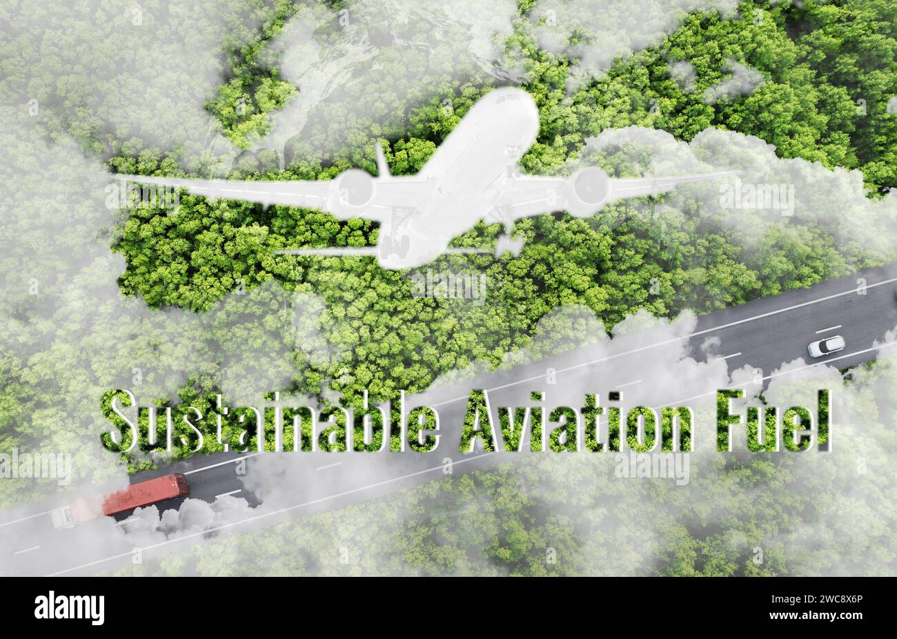 Nachhaltiges Treibstoffkonzept für die Luftfahrt. Nettoumsatzflug. Nachhaltigkeit Transport. Umweltfreundlicher Flugbenzin. Flugreisen. Zukunft des Fluges Stockfoto