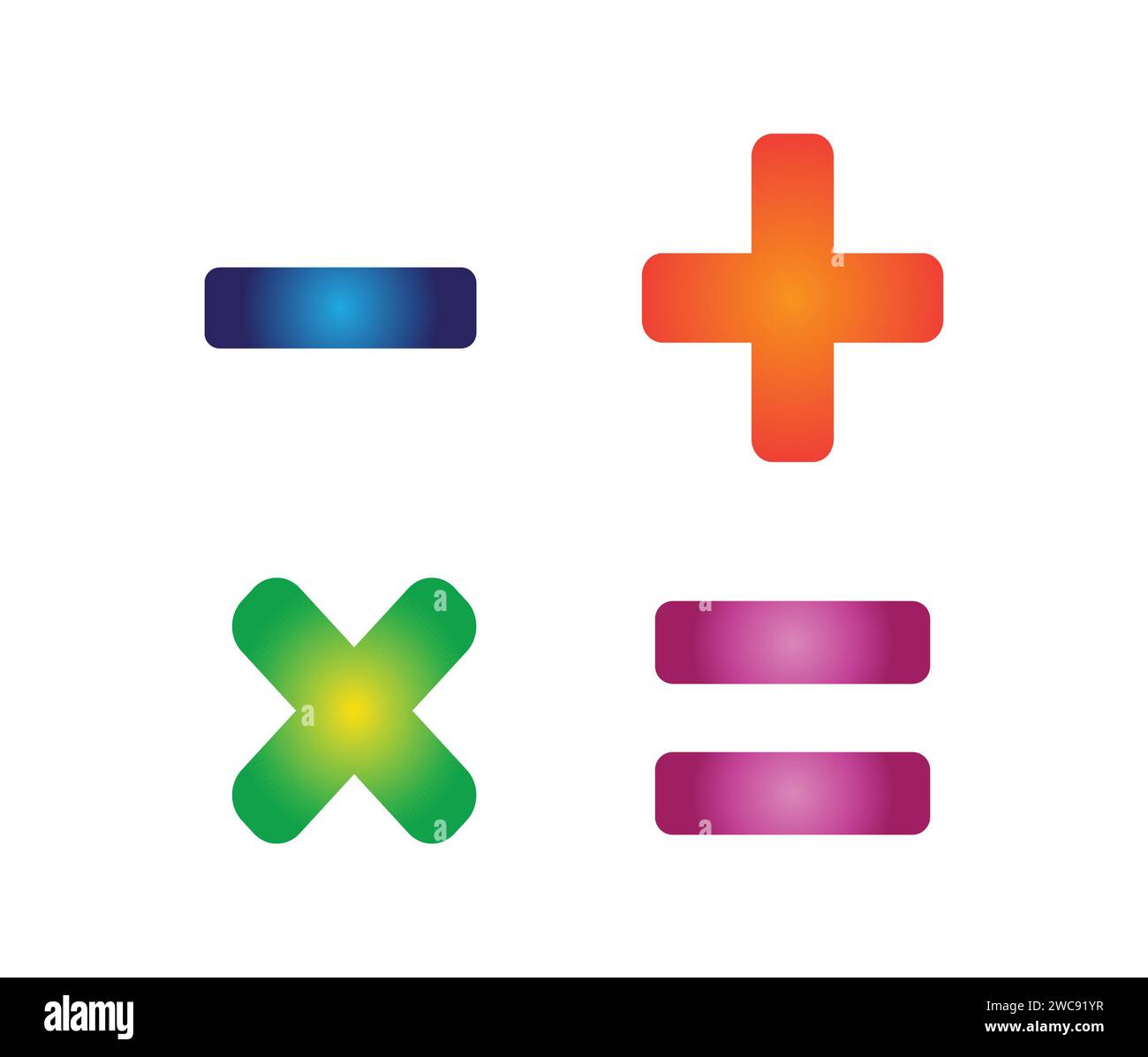 Bunte, lustige mathematische Rechensymbole. Minus, plus, gleich und multiplizieren. Button-Logo-Aufkleber isoliert bearbeitbar. Stock Vektor