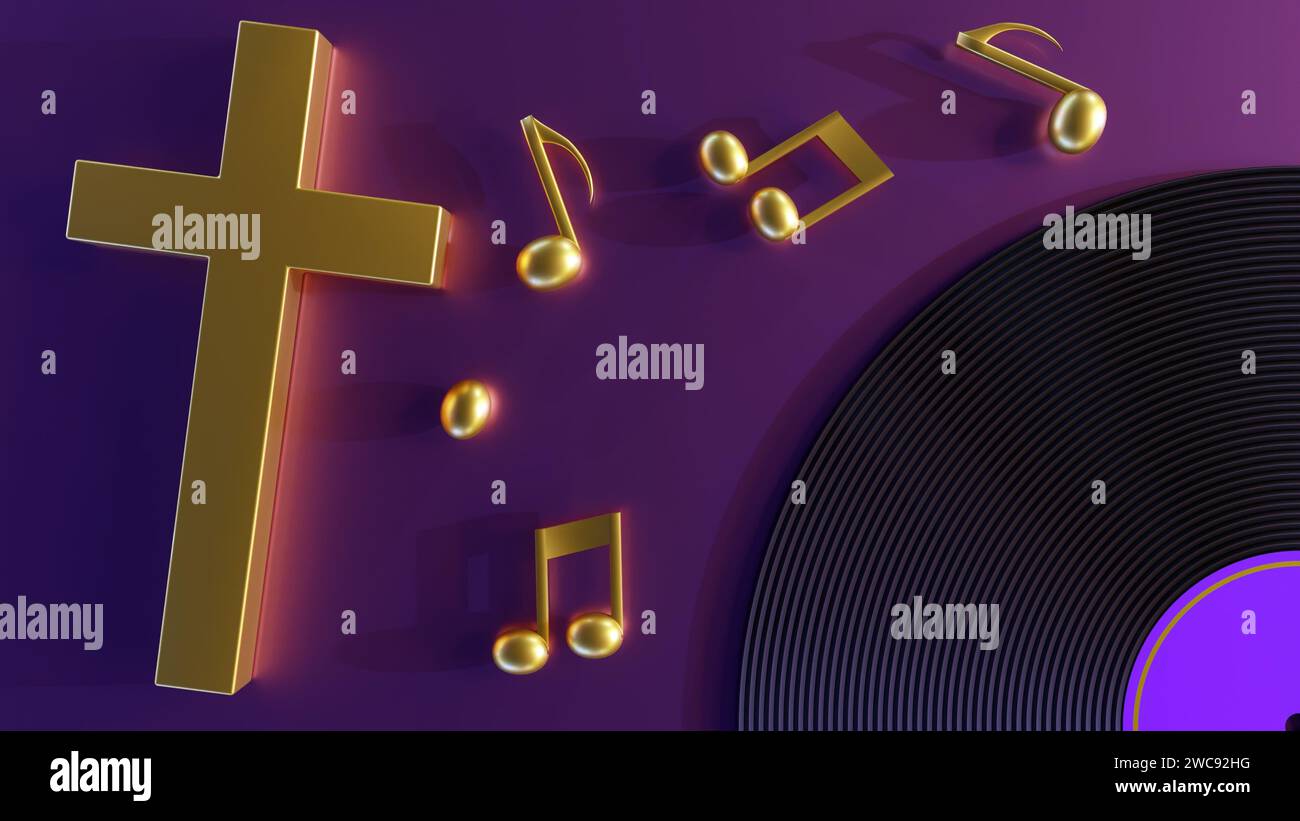 Die Gospel-Schallplatte, verziert mit einem goldenen Kreuz und Noten, in 3D dargestellt Stockfoto