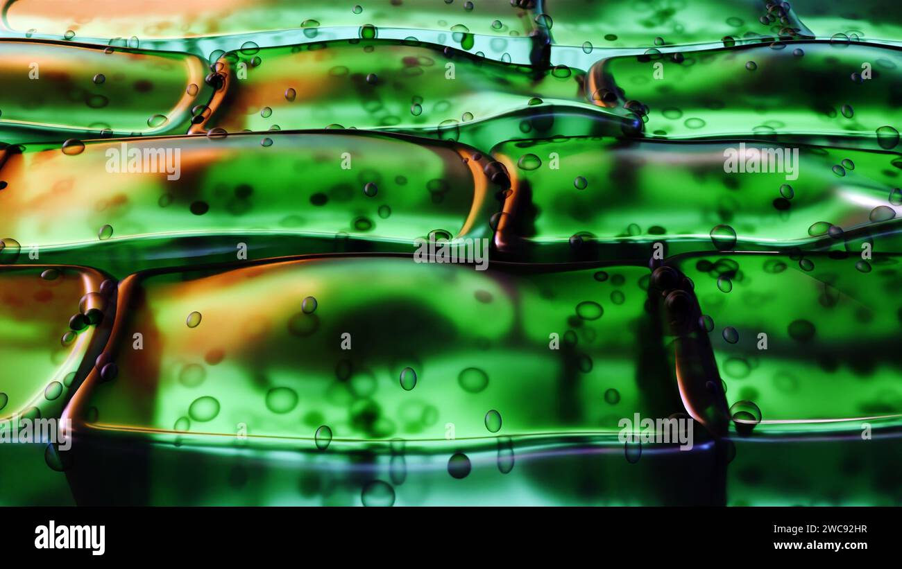 3D-Darstellung einer mikroskopischen Ansicht einer Pflanzenzelle. Die Zelle ist grün, weil sie Chloroplasten enthält. Stockfoto