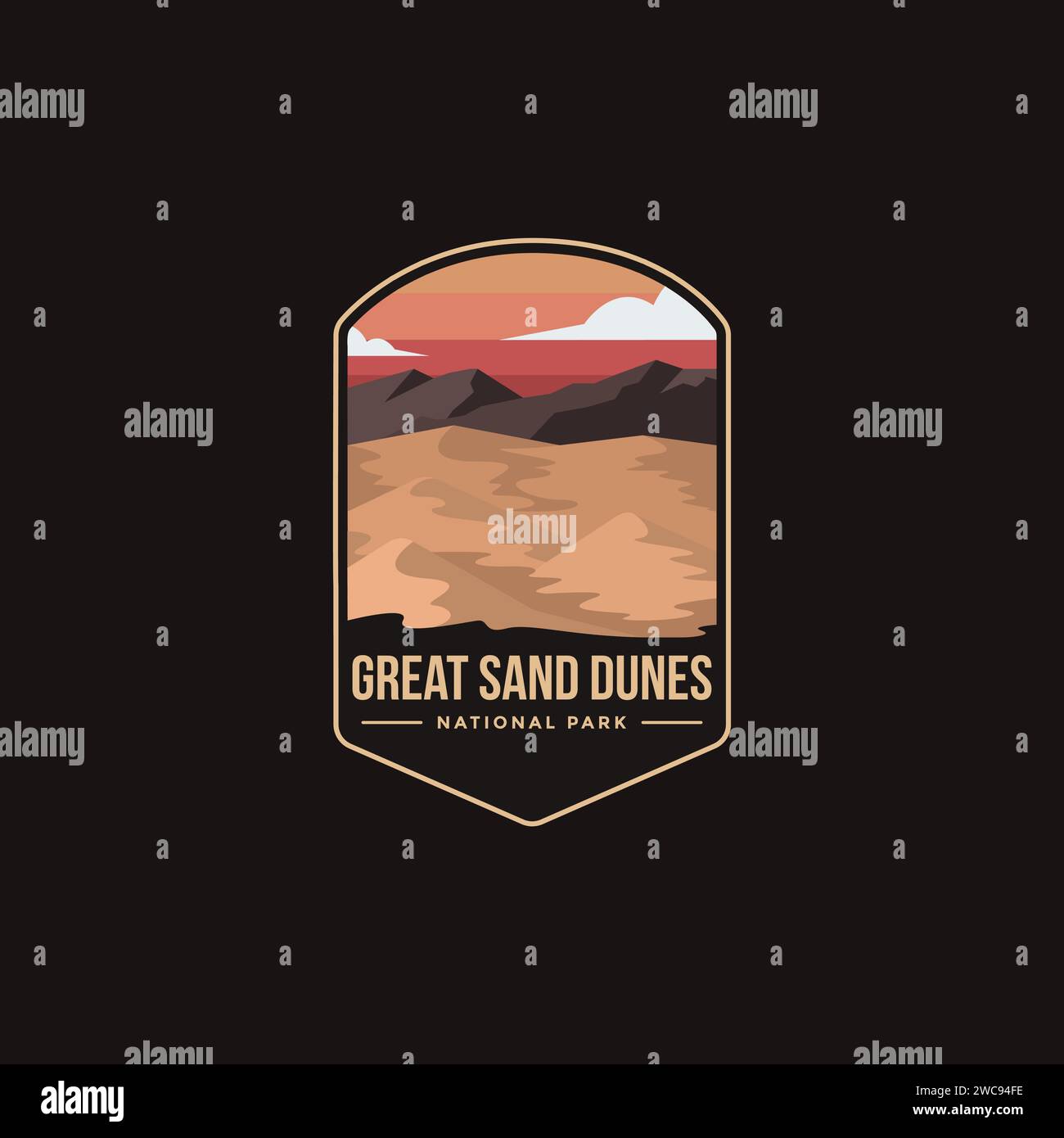 Emblem Patch Logo-Illustration des Great Sand Dunes National Park auf dunklem Hintergrund Stock Vektor