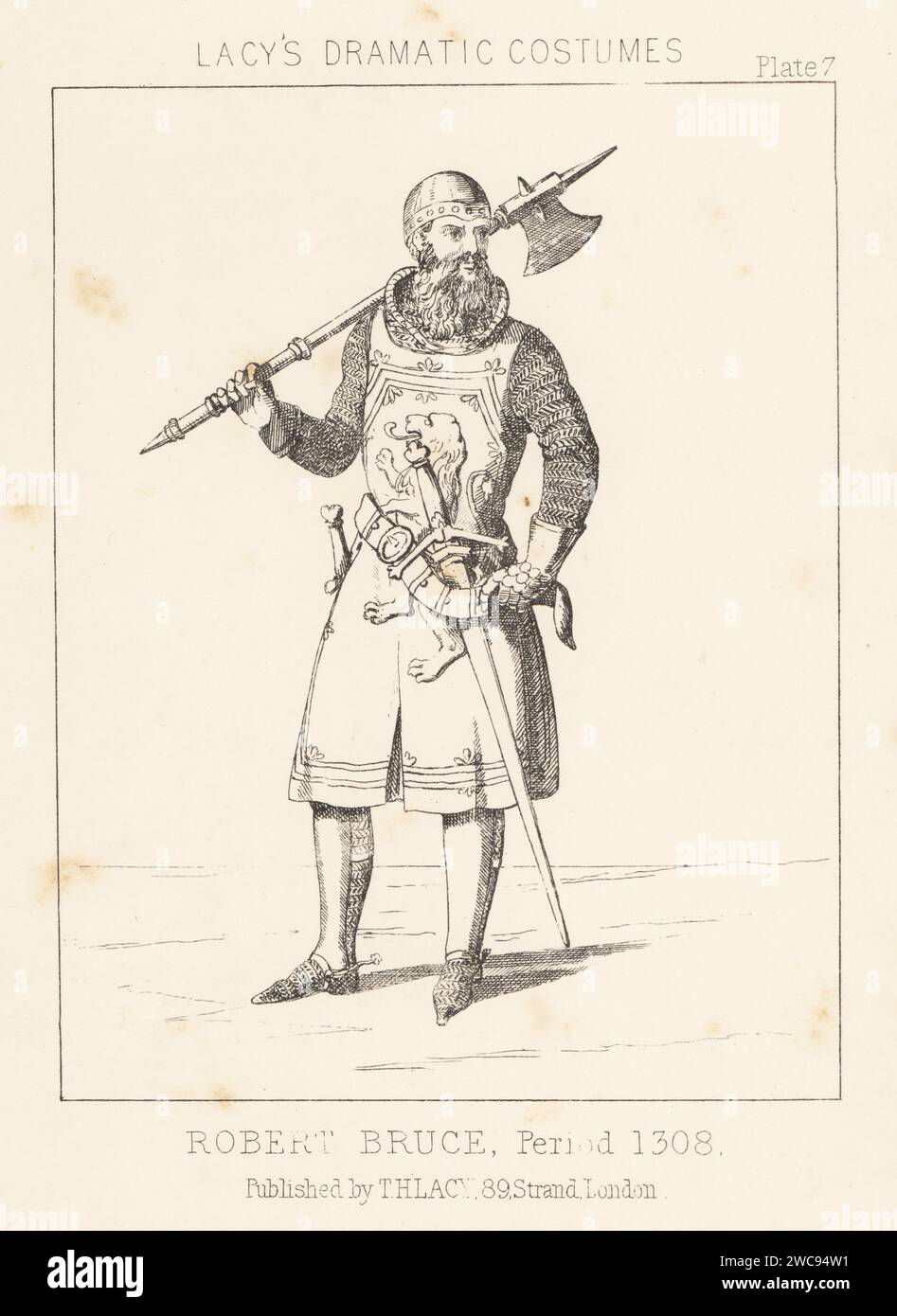 Robert the Bruce, König Robert I. der Schotten, 1274-1329. In Helm, Kettenhemd-Hauberk, Plattenpanzer und -Stulpen, RüstungsTunika mit wildem Löwen, bewaffnet mit Schwert und Kampfaxt. Lithografie aus Thomas Hailes Lacy's männliche Kostüme, Historical, National and Dramatic in 200 Plates, London, 1865. Lacy (1809–1873) war ein britischer Schauspieler, Dramatiker, Theatermanager und Verleger. Stockfoto