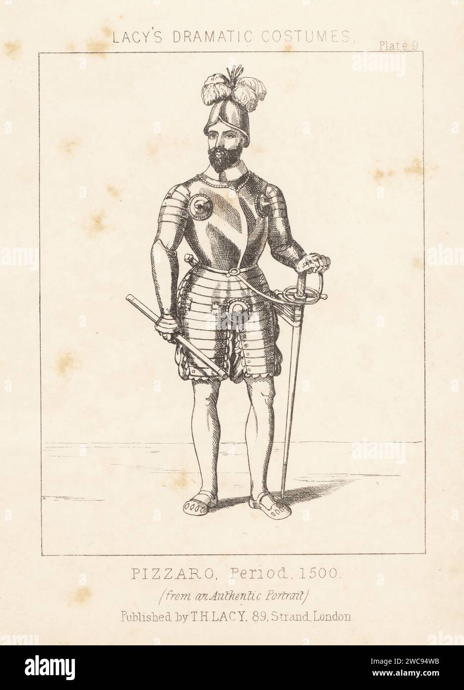 Francisco Pizarro, Marquess of the Atabillos, spanischer Konquistador, um 1478–1541. In gefedertem Helm, Tellerpanzer, Schlauch, Handschuhe, mit Stock und Schwert. Pizzaro (sic), Zeitraum 1500. Aus einem authentischen Porträt. Lithografie aus Thomas Hailes Lacy's männliche Kostüme, Historical, National and Dramatic in 200 Plates, London, 1865. Lacy (1809–1873) war ein britischer Schauspieler, Dramatiker, Theatermanager und Verleger. Stockfoto