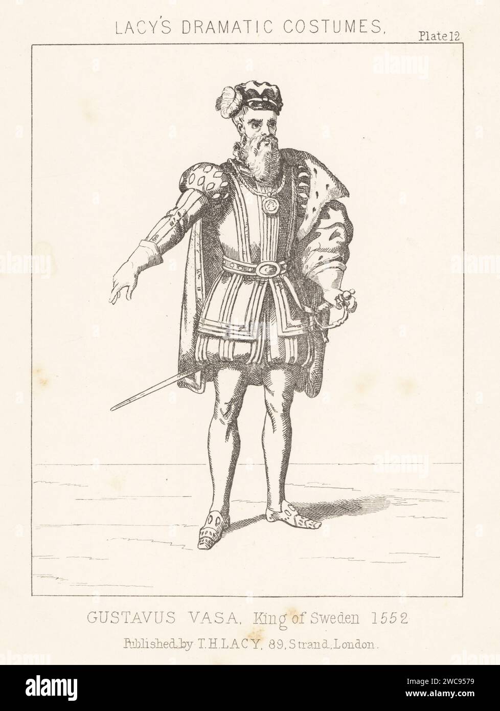 Gustav I., Gustav Vasa, König von Schweden, 1496-1560. In gefederter Mütze, mit Hermelin gefüttertem kurzem cape, gestepptem Wimperntuch und Hose, Schlauch, mit Hofschwert. Lithografie aus Thomas Hailes Lacy's männliche Kostüme, Historical, National and Dramatic in 200 Plates, London, 1865. Lacy (1809–1873) war ein britischer Schauspieler, Dramatiker, Theatermanager und Verleger. Stockfoto