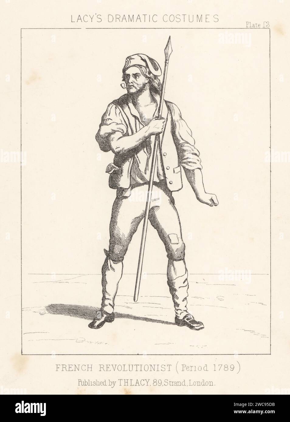 Kostüm eines französischen Revolutionärs oder Sans-Culottes. In Mütze mit Trikolore-Cockade, Jacke, aufgesetzte Hosen und Gamaschen, Schnallenschuhe, bewaffnet mit einer Lanze. Französischer Revolutionär, Periode 1789. Lithografie aus Thomas Hailes Lacy's männliche Kostüme, Historical, National and Dramatic in 200 Plates, London, 1865. Lacy (1809–1873) war ein britischer Schauspieler, Dramatiker, Theatermanager und Verleger. Stockfoto