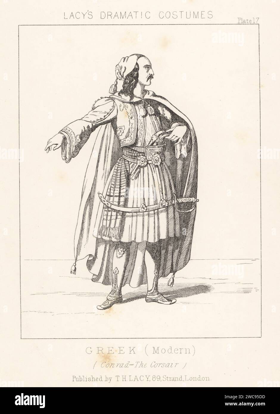 Italienischer Mime und Choreograf Domenico Segarelli als Conrad in Joseph Maziliers Ballett Le Corsaire, 1856. Kostüm eines Griechen aus dem 19. Jahrhundert. In Kappe mit Quaste, langem Mantel, Jacke, Fustanella oder Kilt, bewaffnet mit Pistolen und Säbel. Lithografie nach Alexandre Lacauchie aus Thomas Hailes Lacy's Male Costs, Historical, National and Dramatic in 200 Plates, London, 1865. Lacy (1809–1873) war ein britischer Schauspieler, Dramatiker, Theatermanager und Verleger. Stockfoto