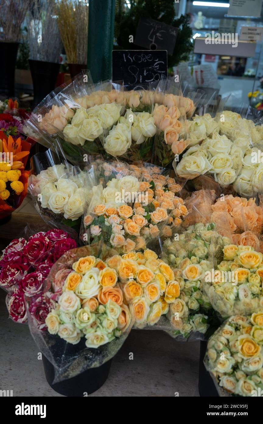 Viele verschiedene Rosen in Blumenstruen zum Verkauf in einem  Blumenboutique-Geschft in Frankreich Stockfotografie - Alamy