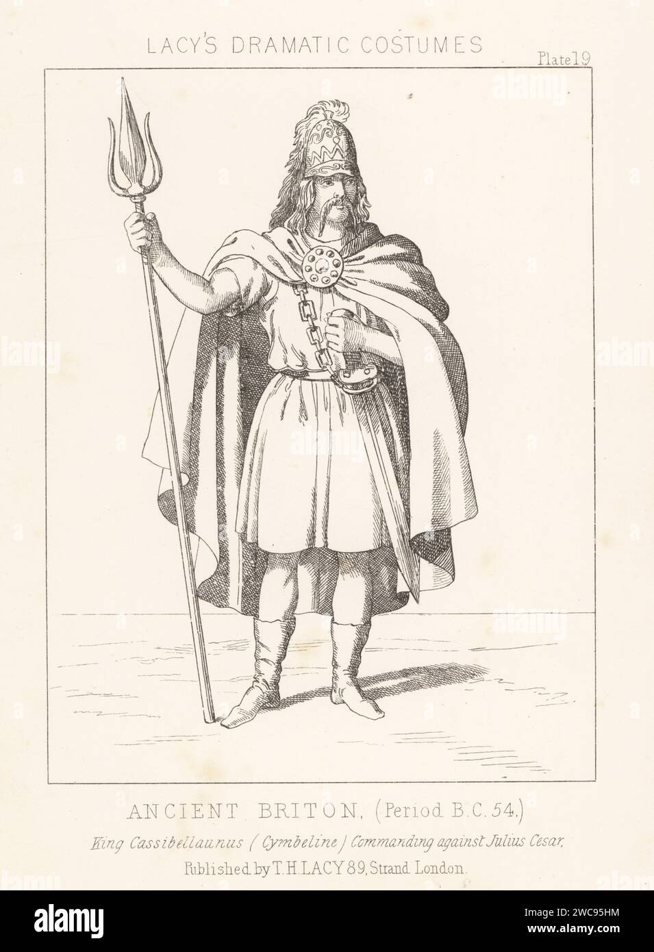 Cassivellaunus oder Caswallawn, britischer Militärführer, 1. Jahrhundert v. Chr. Das alte Briten, Periode 54 v. Chr. König Cassibellaunus befehligt Julius Cäsar. In Helm, Mantel, Tunika, Stiefeln, bewaffnet mit Schwert und Dreizack. Cimbeline (sic). Lithografie aus Thomas Hailes Lacy's männliche Kostüme, Historical, National and Dramatic in 200 Plates, London, 1865. Lacy (1809–1873) war ein britischer Schauspieler, Dramatiker, Theatermanager und Verleger. Stockfoto