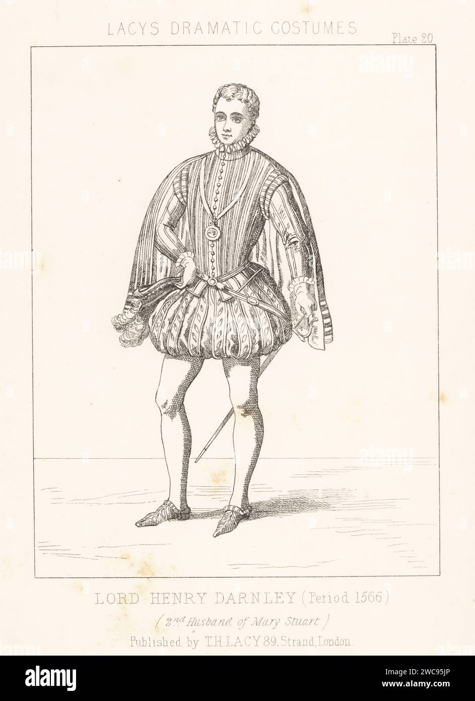Henry Stuart, Lord Darnley, zweiter Ehemann von Mary Queen of Scots, 1546–1567. Mit Kragen, kurzem Mantel, Wimpernhose und Hose, Schlauch, Hofschwert. Lithografie aus Thomas Hailes Lacy's männliche Kostüme, Historical, National and Dramatic in 200 Plates, London, 1865. Lacy (1809–1873) war ein britischer Schauspieler, Dramatiker, Theatermanager und Verleger. Stockfoto