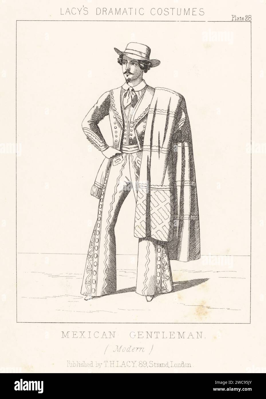 Kostüm eines mexikanischen Gentleman, 1860er Jahre Mit Hut, bestickter Jacke und ausgestellter Hose, Hemd und Krawatte, großem Schal über der Schulter. Lithografie aus Thomas Hailes Lacy's männliche Kostüme, Historical, National and Dramatic in 200 Plates, London, 1865. Lacy (1809–1873) war ein britischer Schauspieler, Dramatiker, Theatermanager und Verleger. Stockfoto