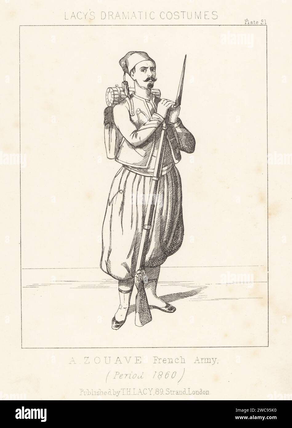 Militäruniform eines Zouave, französische Armee, 1860er Jahre In Chechia-Mütze, kurzer Jacke, Baggy-Hosen oder Serouel, Gamaschen, bewaffnet mit Muskete und Bajonett. Französisches Regiment der algerischen, Berber und französischen Truppen. Lithografie aus Thomas Hailes Lacy's männliche Kostüme, Historical, National and Dramatic in 200 Plates, London, 1865. Lacy (1809–1873) war ein britischer Schauspieler, Dramatiker, Theatermanager und Verleger. Stockfoto