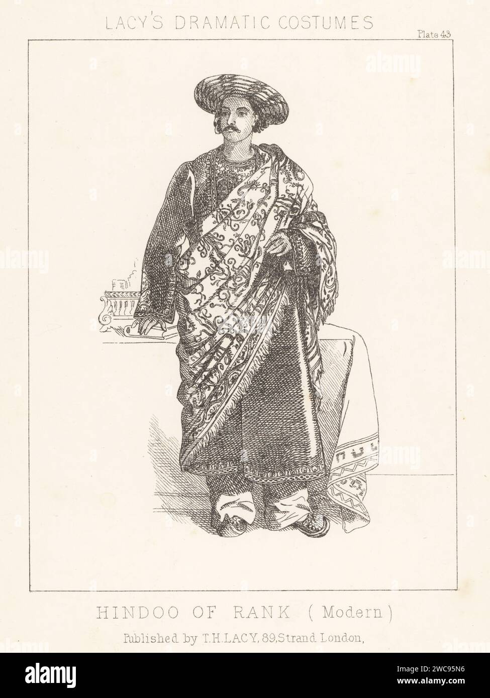 Kostüm eines Indianers, 19. Jahrhundert. Mit Hut, Bademantel, besticktem Schal, Hausschuhen. Hindoo von Rang, modern. Lithografie aus Thomas Hailes Lacy's männliche Kostüme, Historical, National and Dramatic in 200 Plates, London, 1865. Lacy (1809–1873) war ein britischer Schauspieler, Dramatiker, Theatermanager und Verleger. Stockfoto