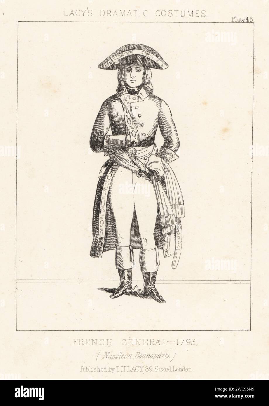Napoleon Bonaparte, französischer Kaiser, 1769-1821. In Uniform eines Generals, der französischen Revolutionsarmee, 1793. In Bicorne, langem Mantel, Reithose und Stiefeln, mit Trikolore-Schärpe und Säbel. Lithografie aus Thomas Hailes Lacy's männliche Kostüme, Historical, National and Dramatic in 200 Plates, London, 1865. Lacy (1809–1873) war ein britischer Schauspieler, Dramatiker, Theatermanager und Verleger. Stockfoto