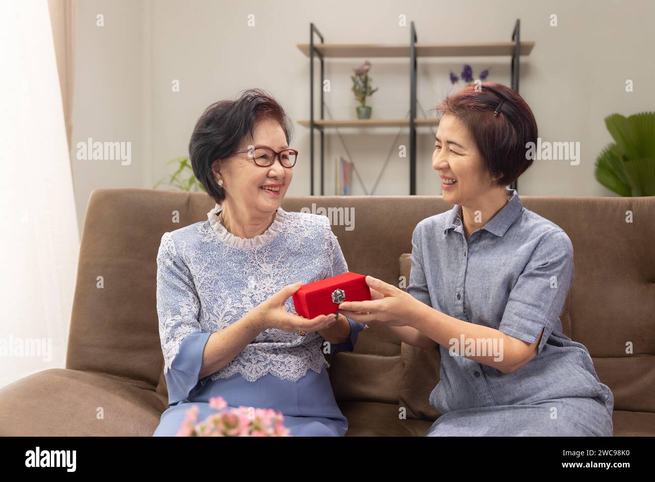 Die erwachsene Tochter schenkt der Mutter am Muttertag ein Geschenk. Stockfoto