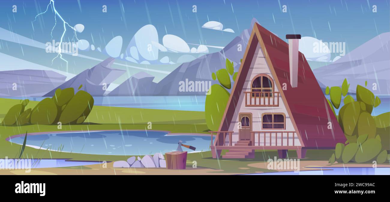 Holzhütte in der Nähe des Bergsees bei regnerischem Wetter. Vektor-Karikaturillustration des ländlichen Hauses mit Veranda und Treppe, Wasserpfützen im Hof, grüner Fol Stock Vektor