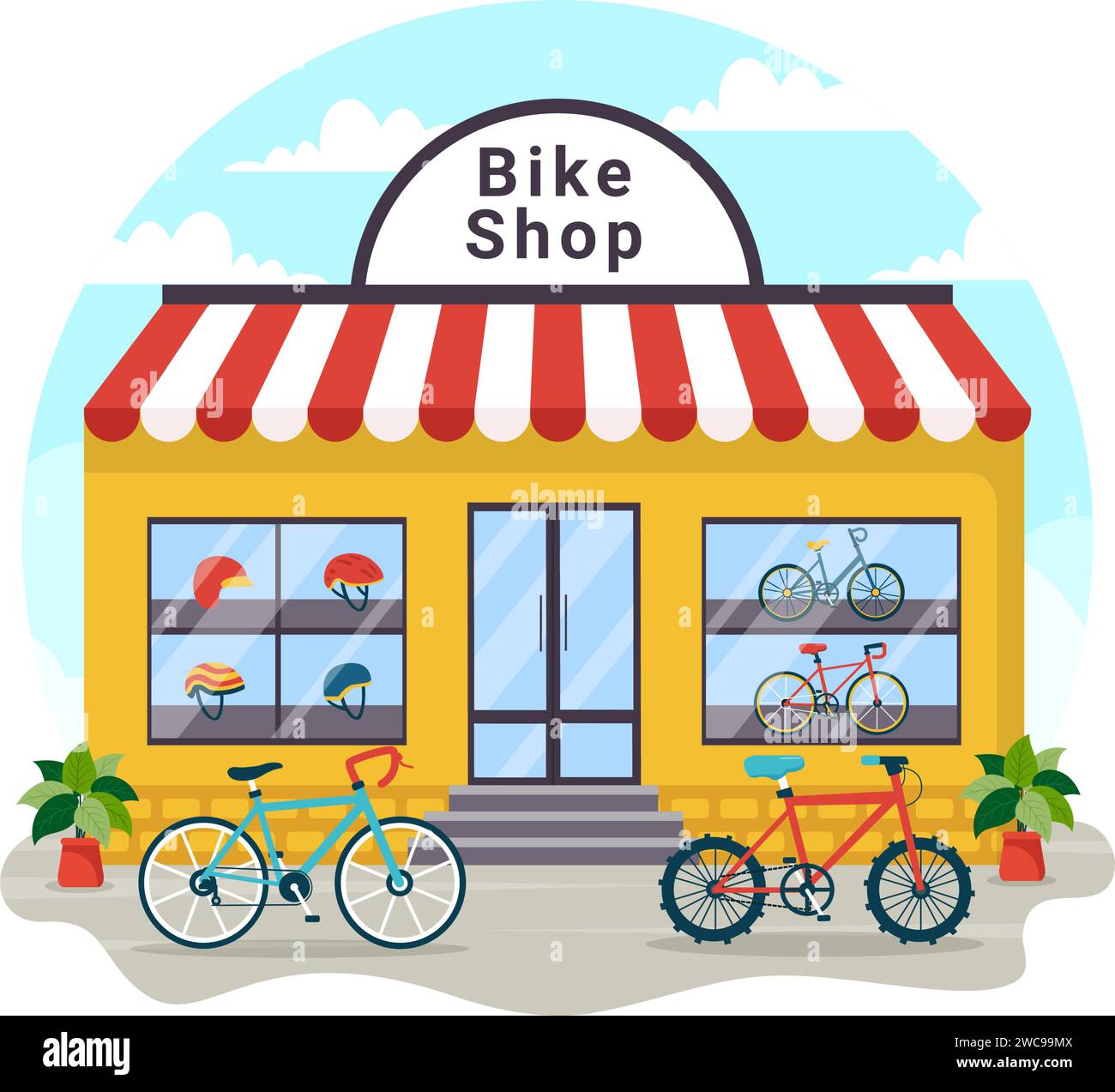 Fahrrad Shop Vektor-Illustration mit Käufern Menschen wählen Zyklen, Zubehör oder Ausrüstung Ausrüstung für das Reiten im flachen Cartoon Hintergrund Design Stock Vektor