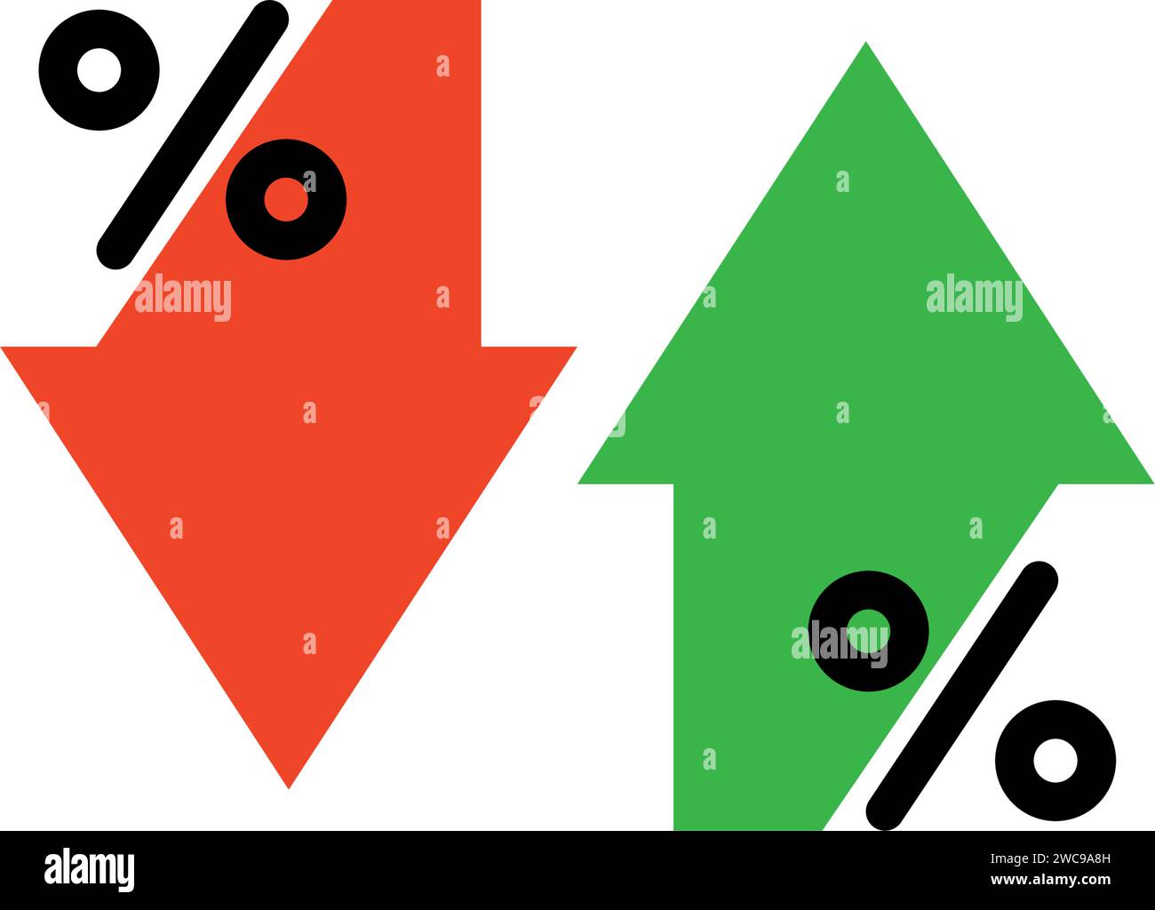 Symbol für Prozentpfeil nach oben und unten. Symbol „Prozent flach“. Preiserhöhung, -Senkung. Einfaches Business-Symbol. Vektorillustration isoliert auf weiß Stock Vektor