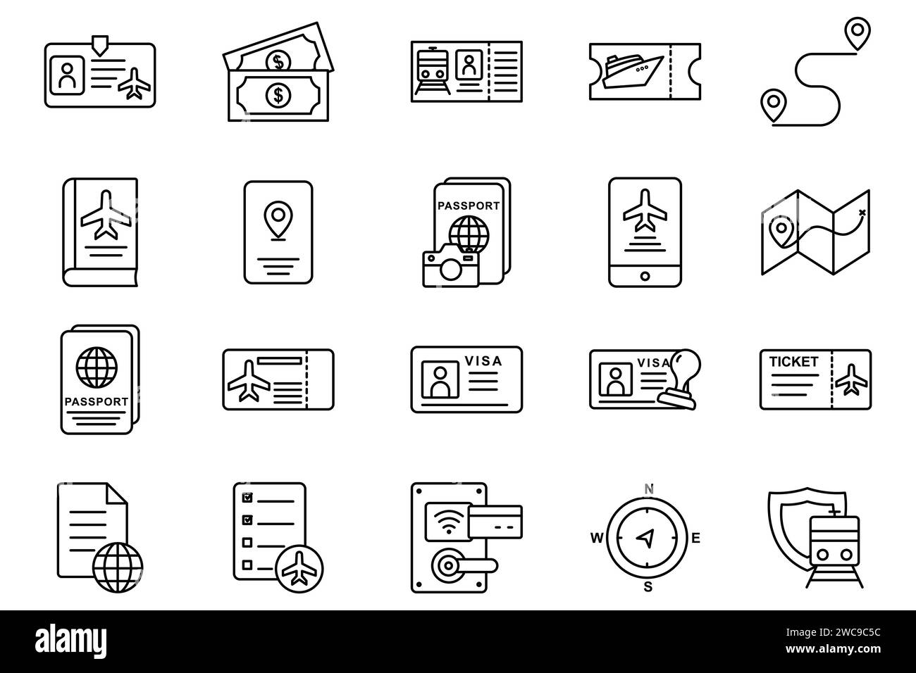 Symbolgruppe für Reisedokumente. Reisepass, Bordkarte, Visum, Straßenkarte, Personalausweis, usw. Design mit Liniensymbolen. Einfache Vektorkonstruktion bearbeitbar. Element illust Stock Vektor