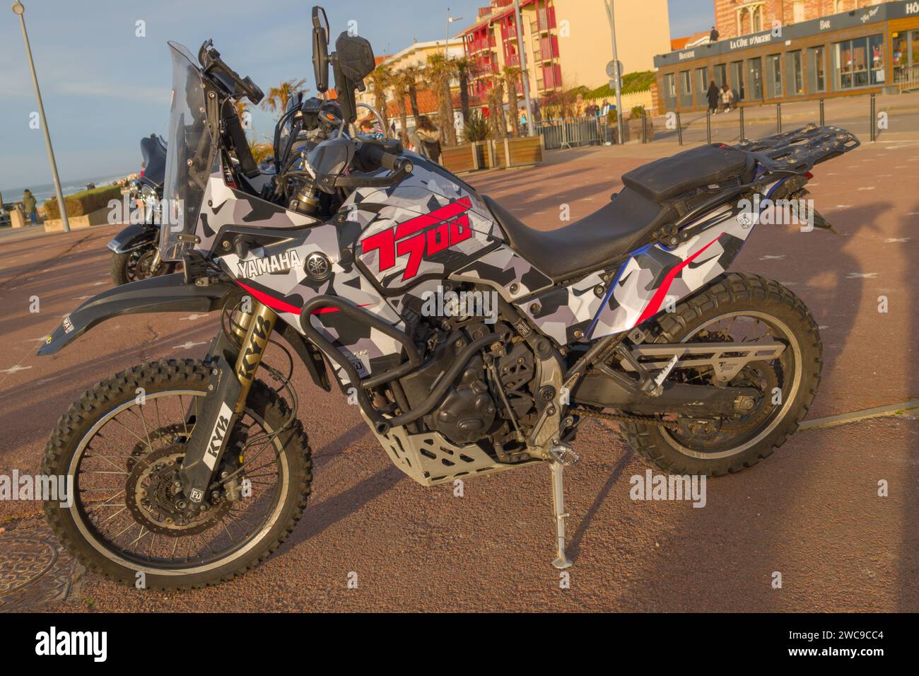 Bordeaux , Frankreich - 01 14 2024 : Yamaha Tenere t700 mit japanischem Logo und Schriftzeichen auf dem Motorrad mit Kraftstofftank Stockfoto