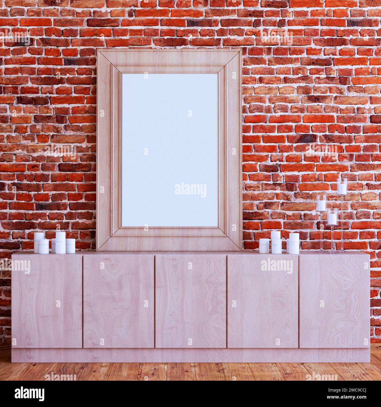 Rahmenmodell, 3D-Rendering. Holzrahmenmodell mit roter Ziegelwand und Palme. Stockfoto