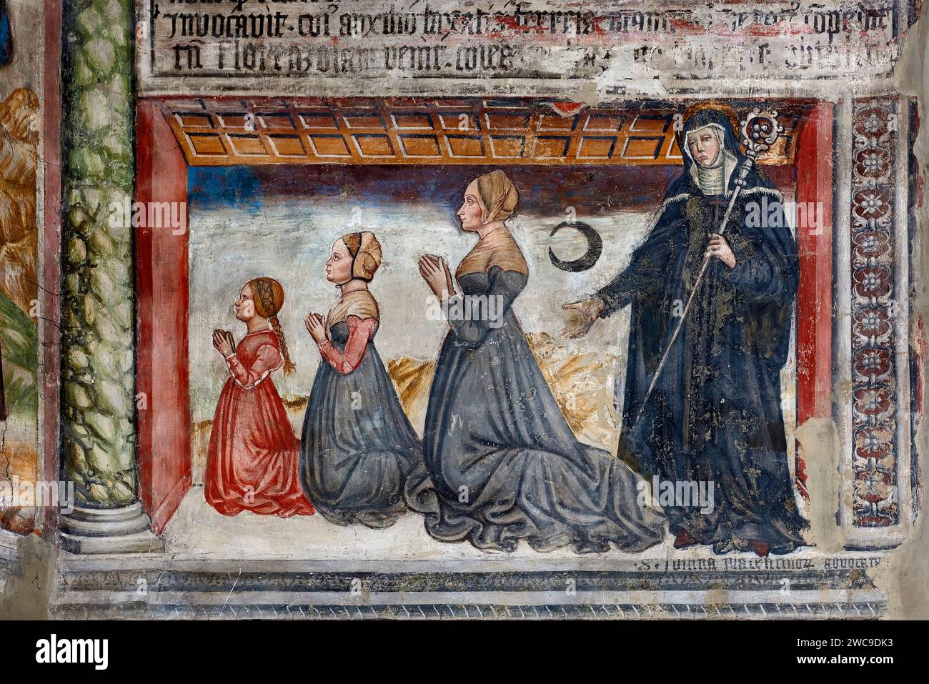 S.Giustina compagna le famiglie dei donatori - affresco - Pittore lombardo della Fine XV secolo - Fiorenzuola (PC) Collegiata di S.Fiorenzo Stockfoto
