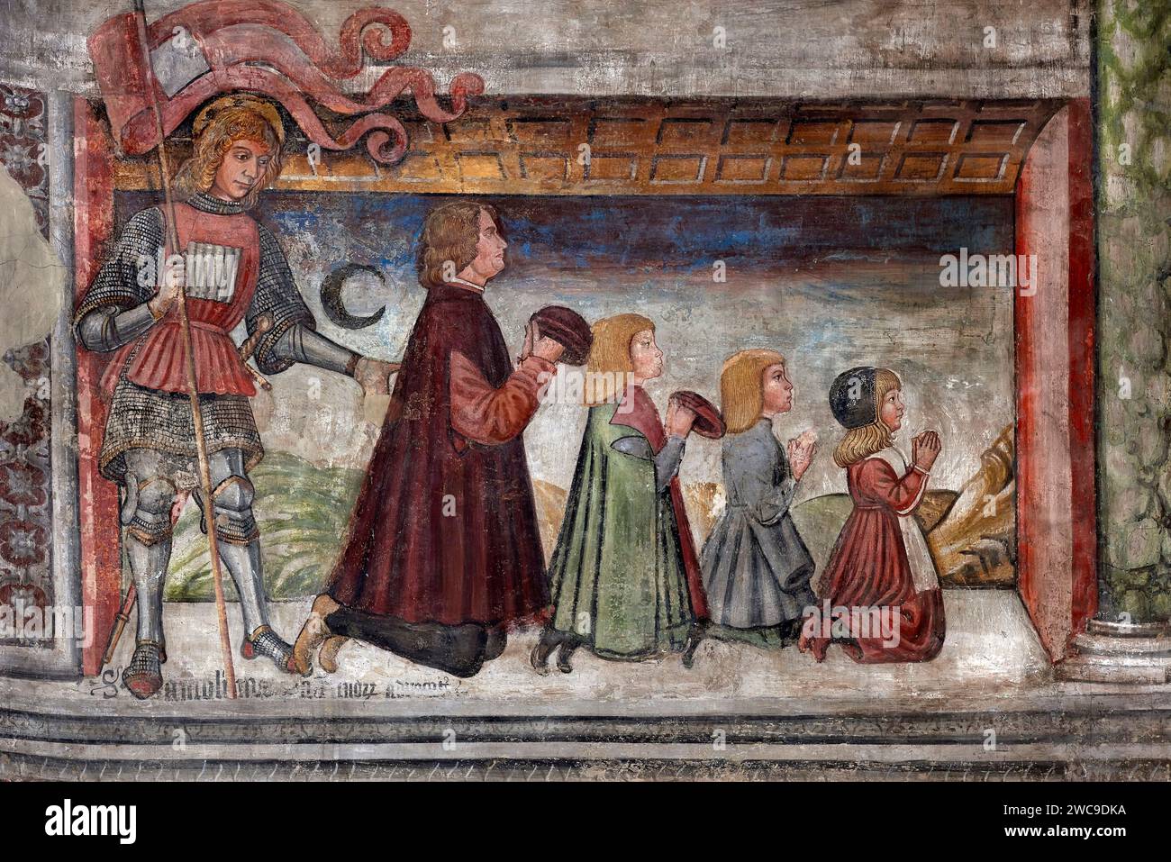S. Antonino compagna le famiglie dei donatori - affresco - Pittore lombardo della Fine XV secolo - Fiorenzuola (PC) Collegiata di S.Fiorenzo Stockfoto