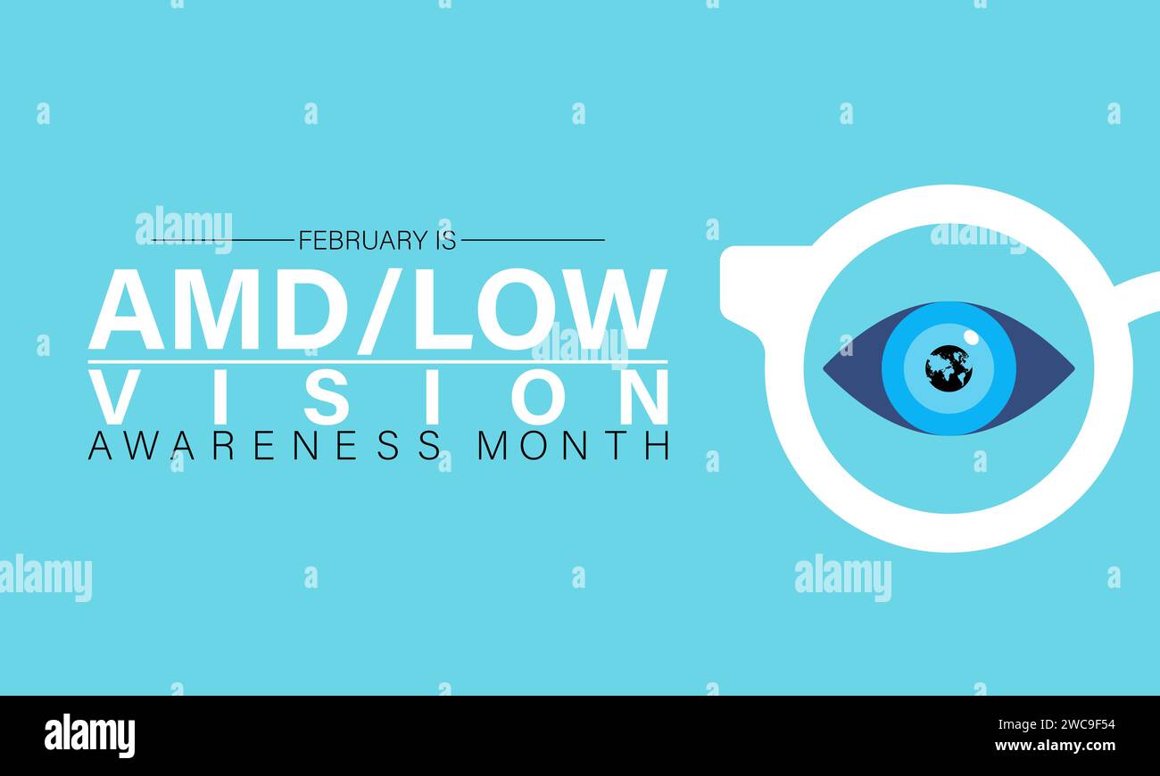 AMD/Low Vision Awareness Monat jedes Jahr im februar beobachtet. Vektor-Gesundheitsbanner, Poster, Vorlagendesign. Stock Vektor