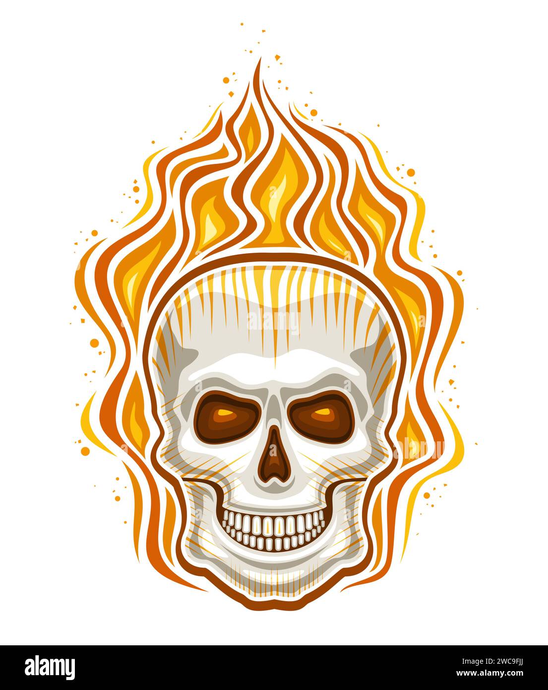 Vektor-Logo für Flaming Skull, dekoratives Abzeichen mit Illustration des schrecklichen flammenden Schädels mit leuchtenden Augen, Retro-Zeichentrickdesign-Stil von Orange Burn Stock Vektor