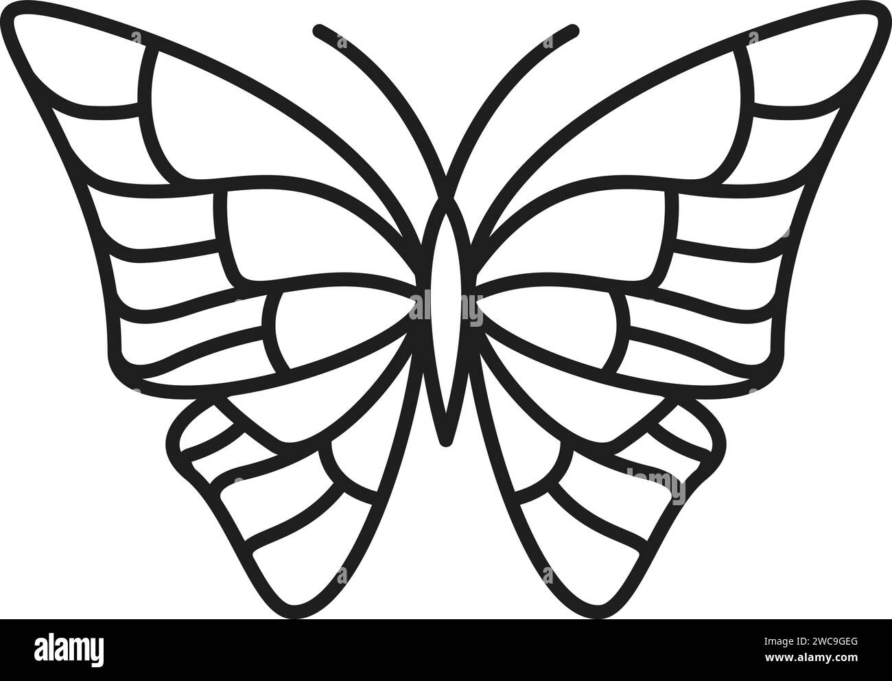 Schmetterling Linie Symbol für Tattoo oder Dekoration Kunst, Vektor-Umriss Skizze Silhouette. Schmetterlingsinsekt mit Ornament auf den Flügeln, abstrakte verzierte dünne Linie Kritzeldekoration von Schmetterling für Musterdruck Stock Vektor