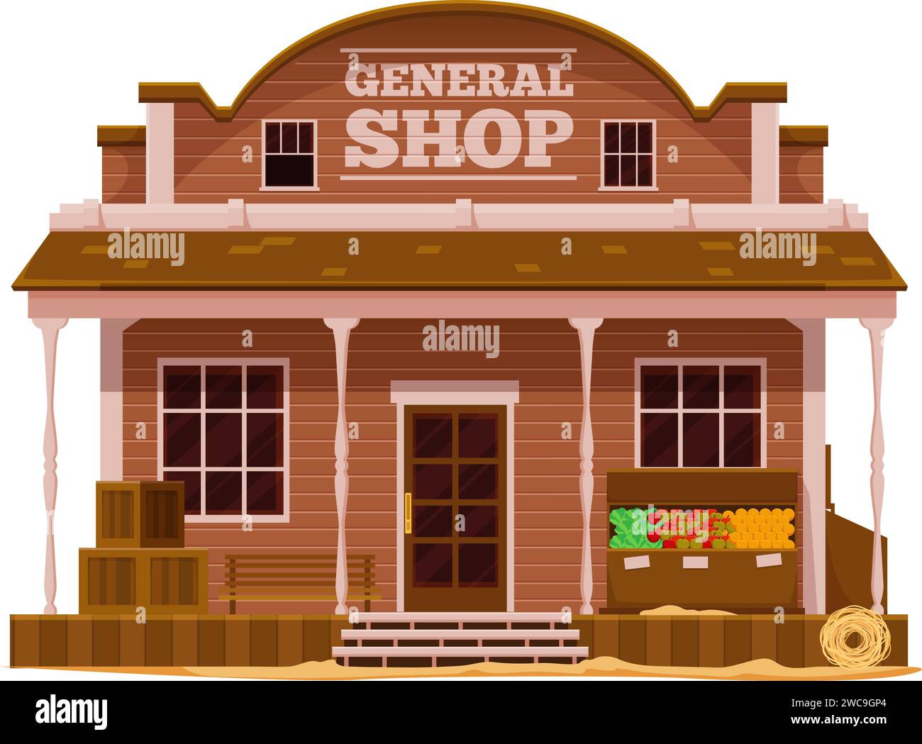 WESTERN Wild West Town Comic Building. Vector Old american Western Country Straßenszene, Cowboy Town Gebäude von Gemischtwarenladen, Einzelhandel oder Supermarkt mit Holzvitrine, Kisten, Bank Stock Vektor