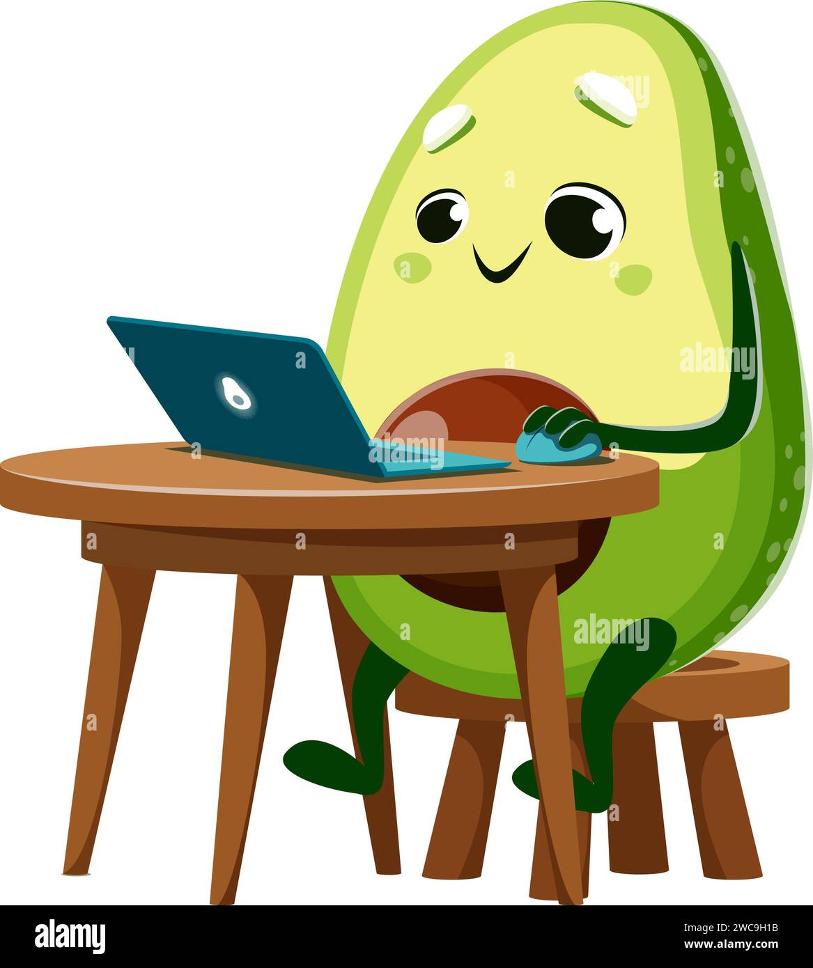 Cartoon Avocado Charakter mit Notizbuch. Kindliche Avocado-Persönlichkeit, die am Schreibtisch sitzt, arbeitet, lernt oder Online-Inhalte auf dem Laptop ansieht. Tropische Frucht Kind Vektor lustige Persönlichkeit mit Computer Stock Vektor