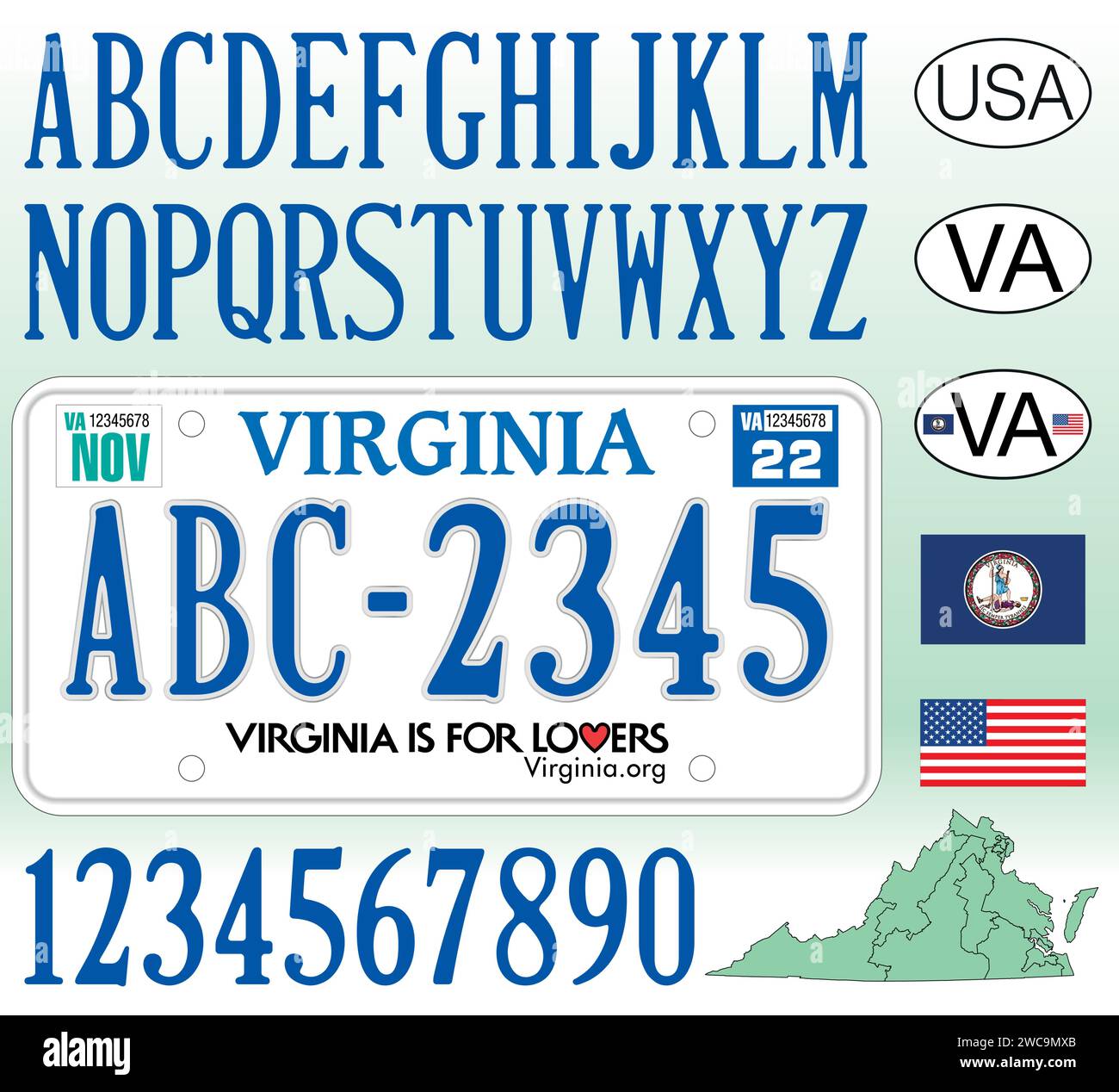Virginia Autokennzeichen Muster, Buchstaben, Zahlen und Symbole, Vektorillustration, USA, Usa Stock Vektor