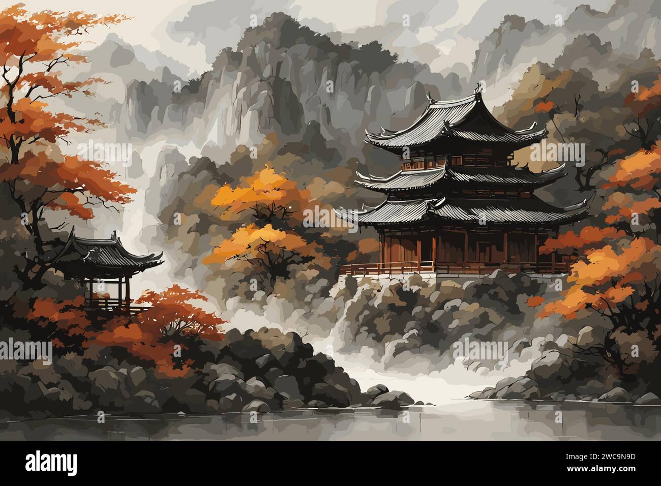Chinesische historische Tintenmalerei Stock Vektor