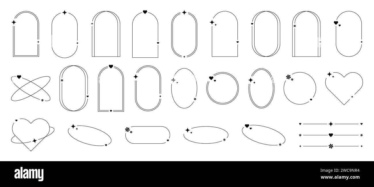 Ästhetische Rahmen im trendigen y2k-Stil mit Aura und Trennelementen. Set aus runden, ovalen und bogenförmigen Rändern. Minimalistische isolierte Vektorelemente auf weißem Hintergrund. Stock Vektor